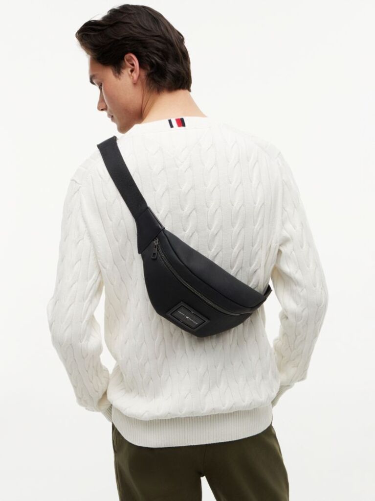 Black Logo Patch Textured Bum Bag  Men