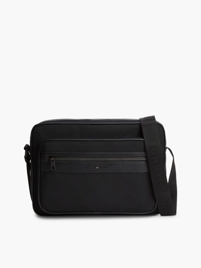 Black Logo Mixed Texture Crossbody Messenger Bag  Men