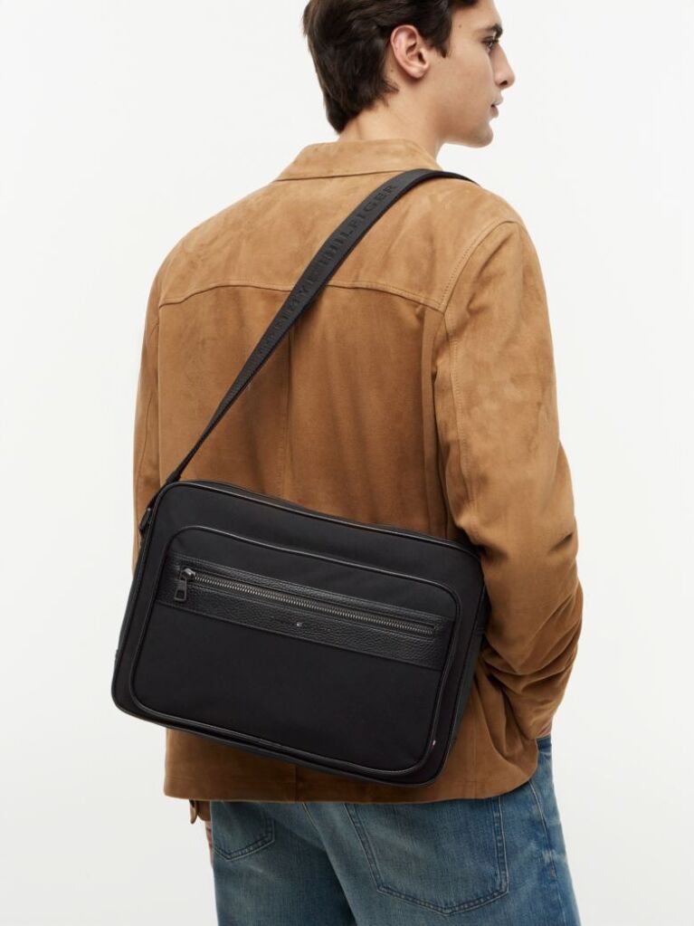 Black Logo Mixed Texture Crossbody Messenger Bag  Men