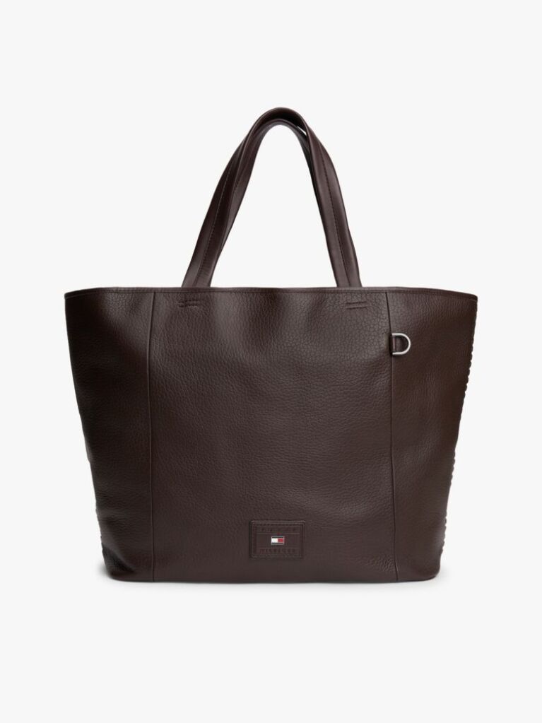 Brown Logo Patch Leather Tote Bag  Men