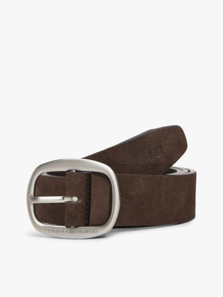 Brown Oval Buckle Debossed Suede Belt  Men