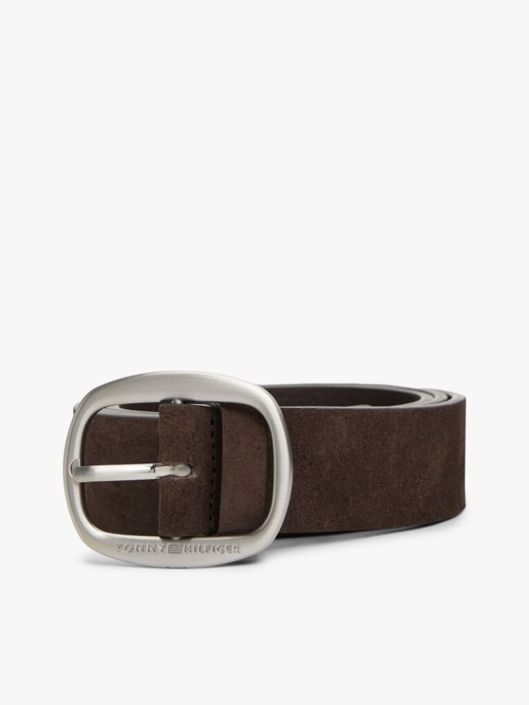 Brown Oval Buckle Debossed Suede Belt  Men