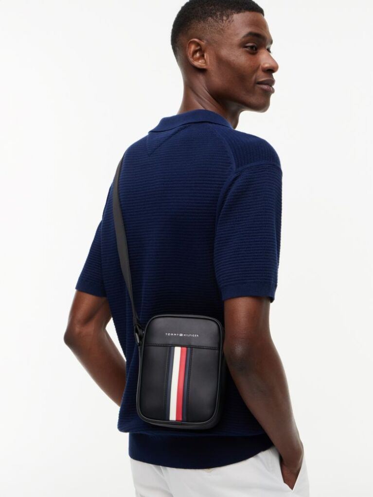 Black Signature Tape Crossbody Reporter Bag  Men