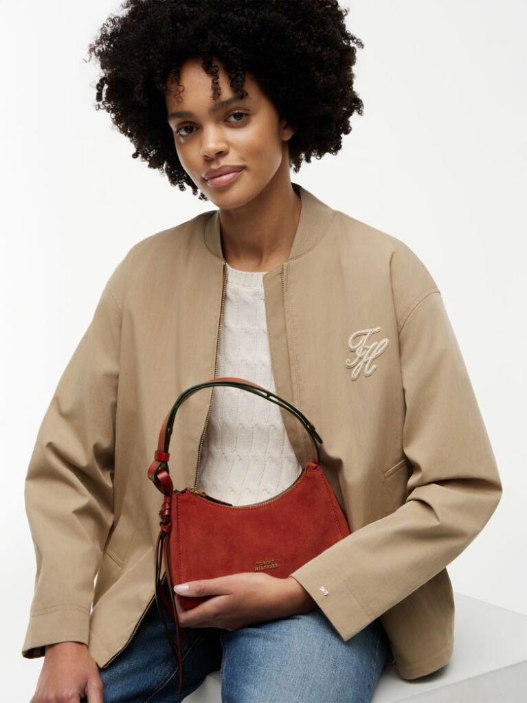 Red Metal Logo Suede Shoulder Bag  Women