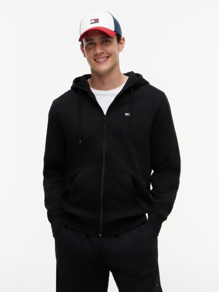 Μαύρο Hoody Με Φερμουάρ Και Κανονική Γραμμή  Άνδρες