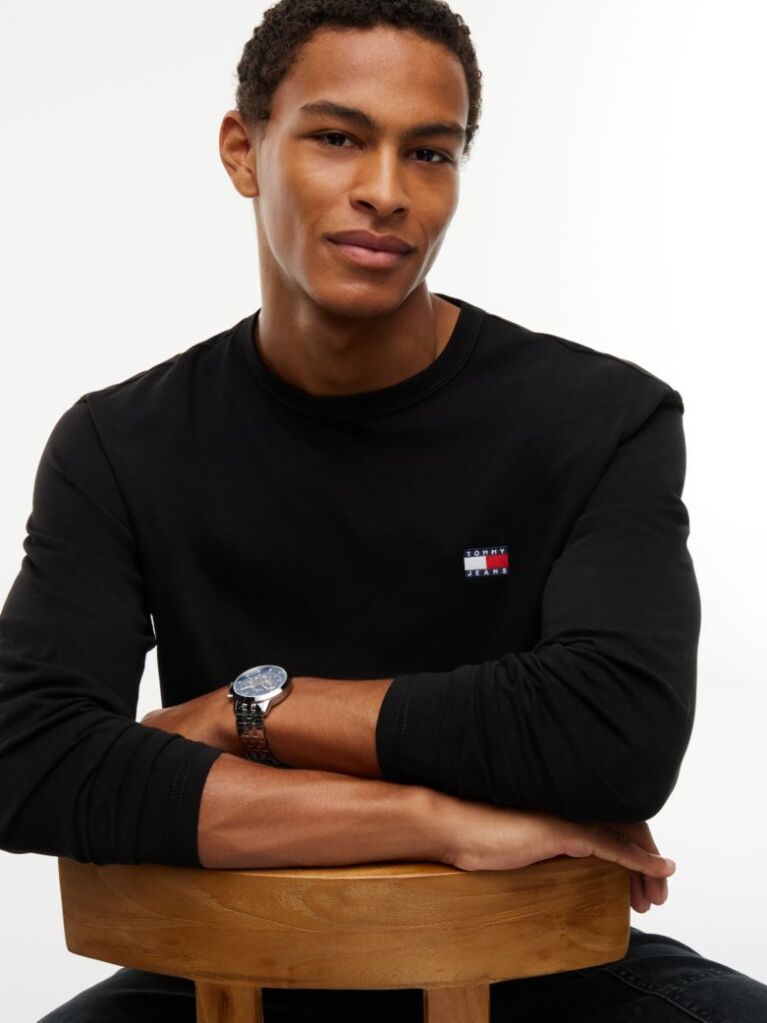 Black Tonal Tommy Badge Long Sleeve T-Shirt  Men
