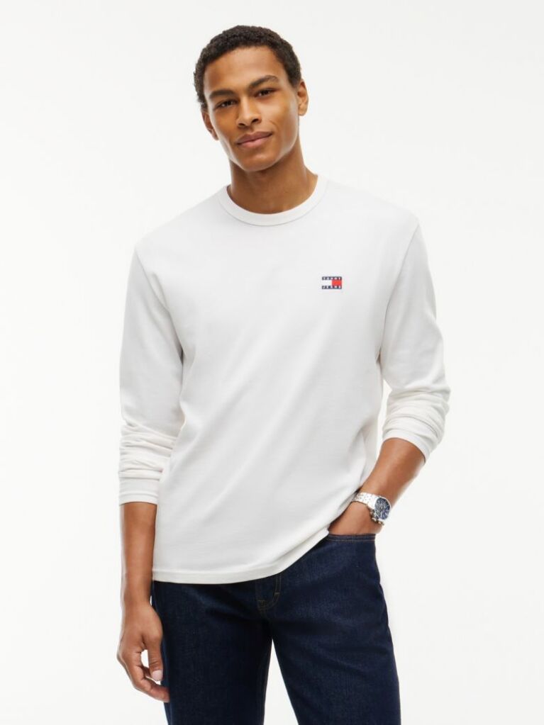 Beige Tonal Tommy Badge Long Sleeve T-Shirt  Men