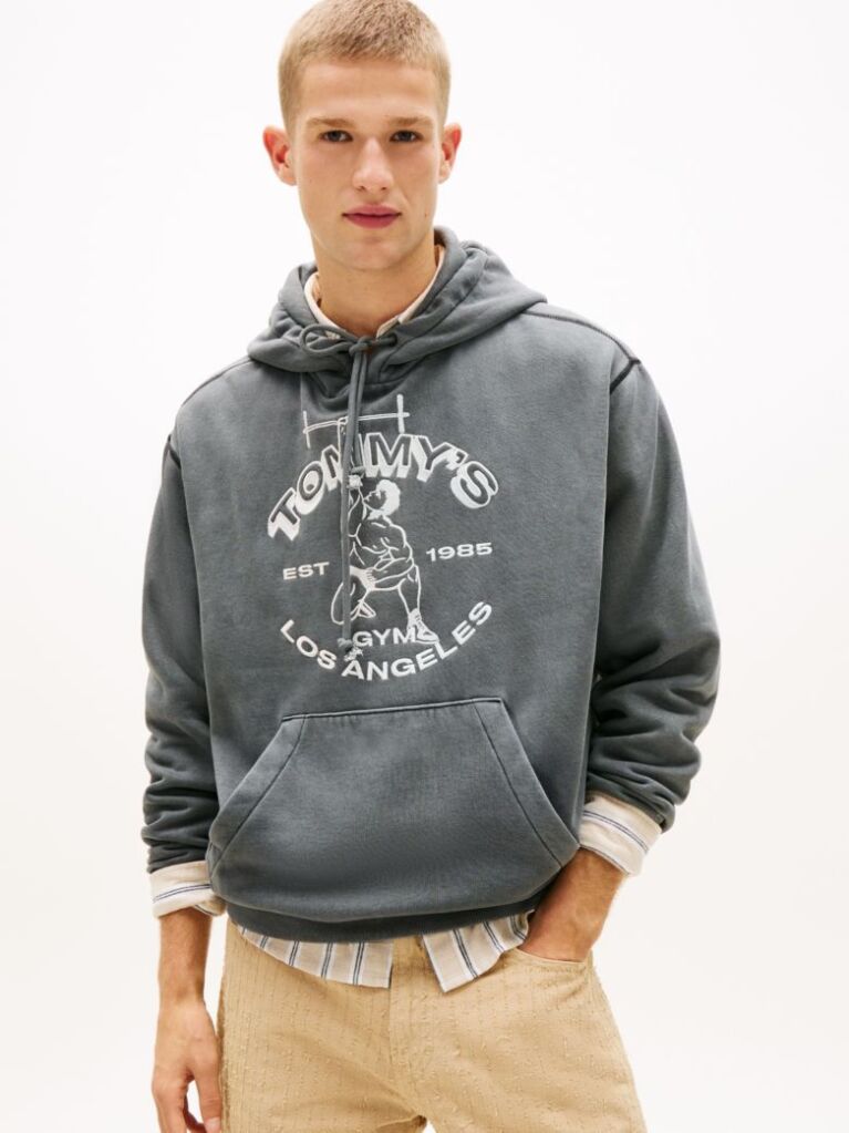 Black Gym Logo Embroidery Washed Relaxed Hoody  Men