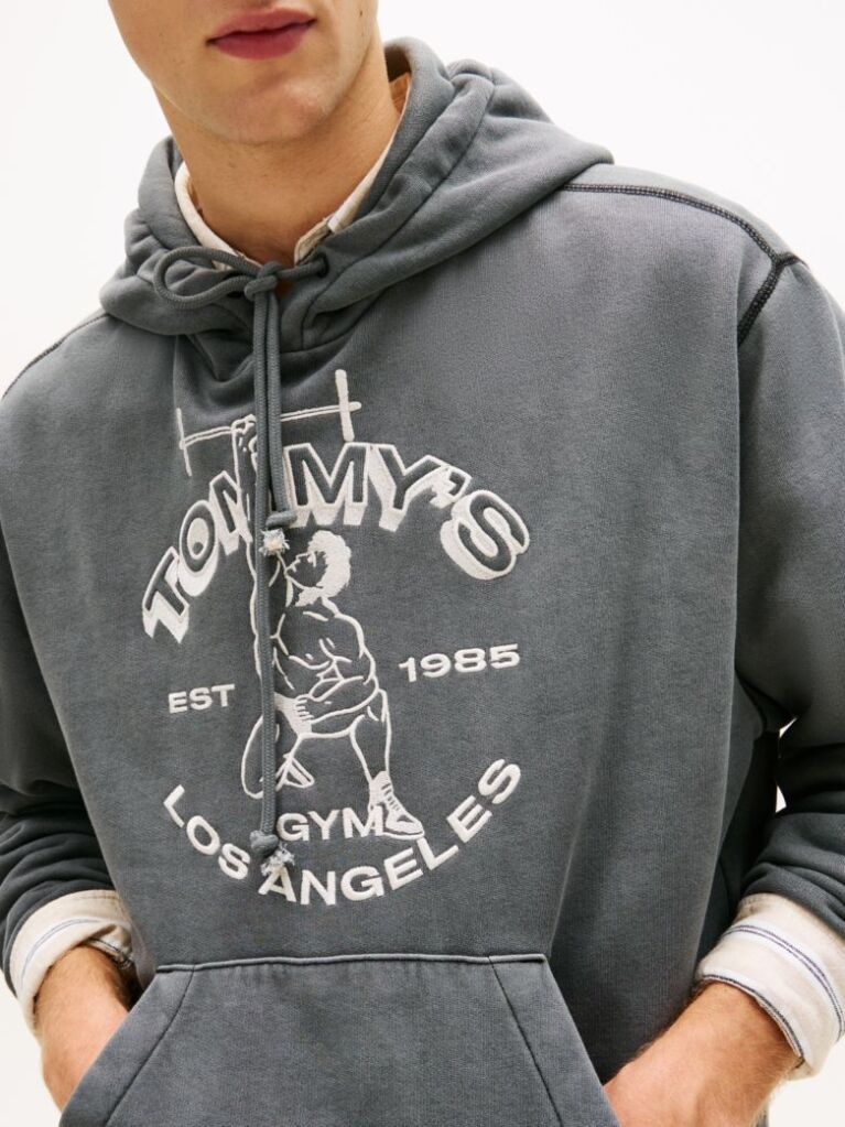 Black Gym Logo Embroidery Washed Relaxed Hoody  Men