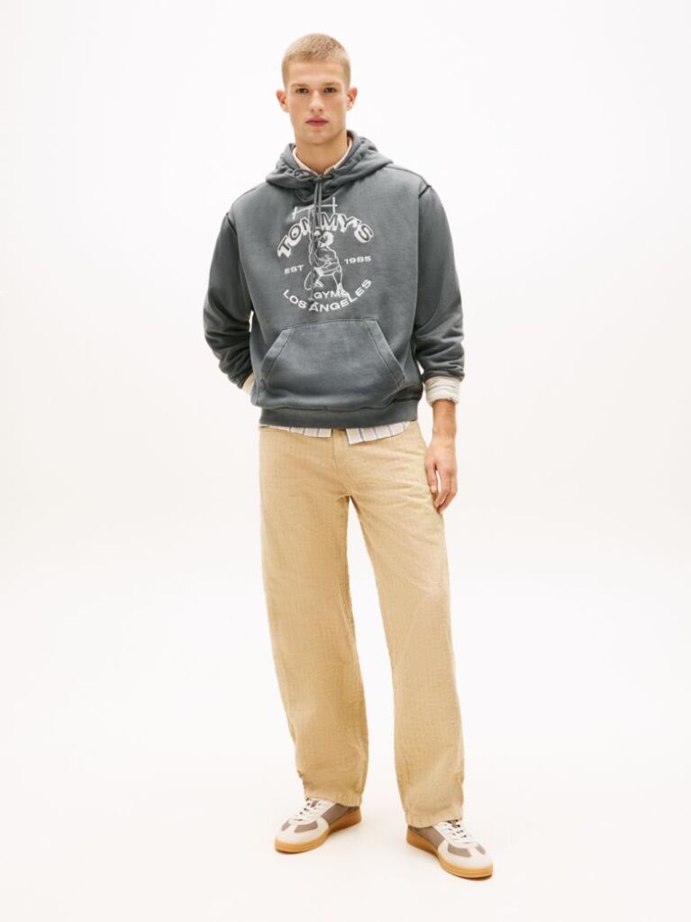 Black Gym Logo Embroidery Washed Relaxed Hoody  Men