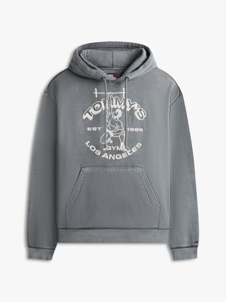 Black Gym Logo Embroidery Washed Relaxed Hoody  Men