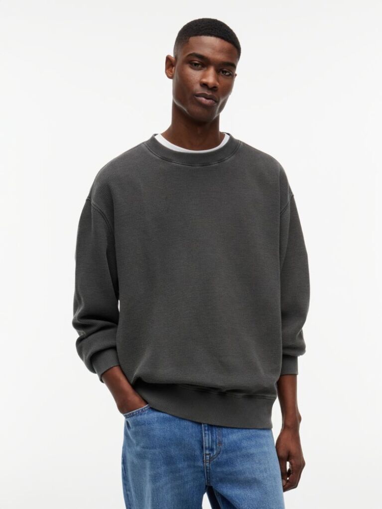Black Waffle Knit Relaxed Jumper  Men