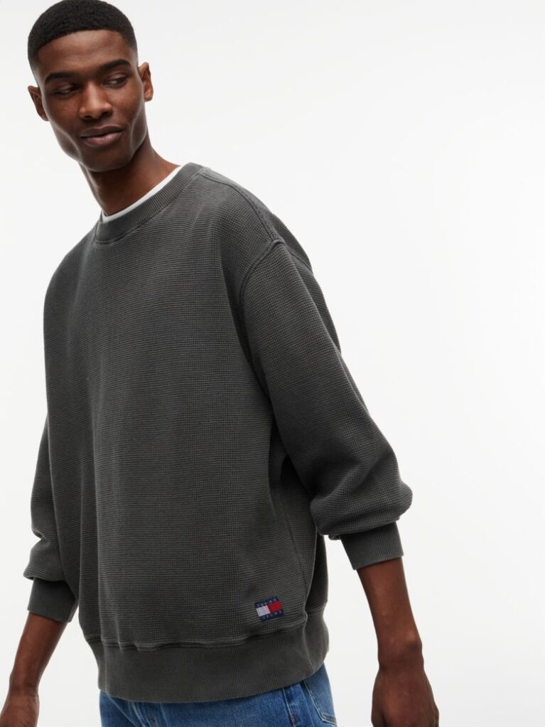 Black Waffle Knit Relaxed Jumper  Men