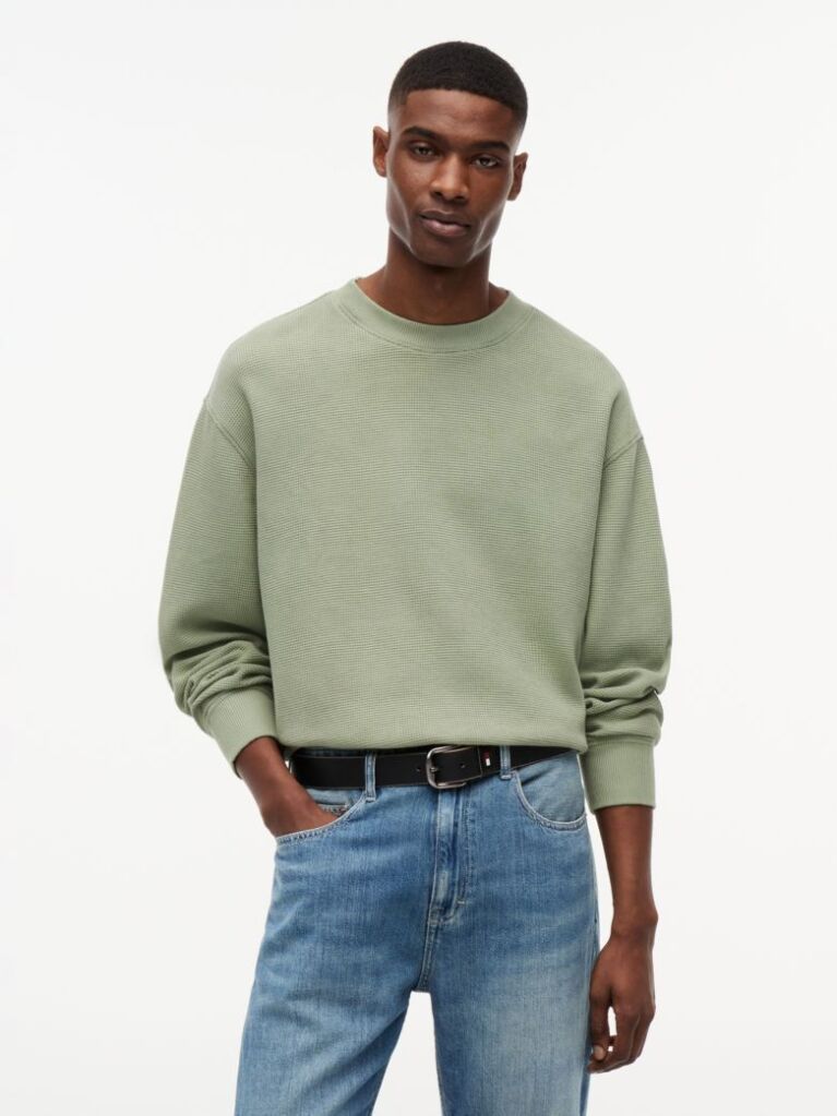 Green Waffle Knit Relaxed Jumper  Men