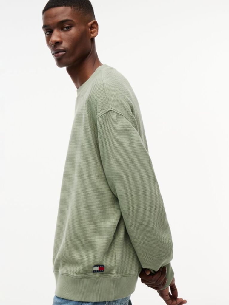 Green Waffle Knit Relaxed Jumper  Men