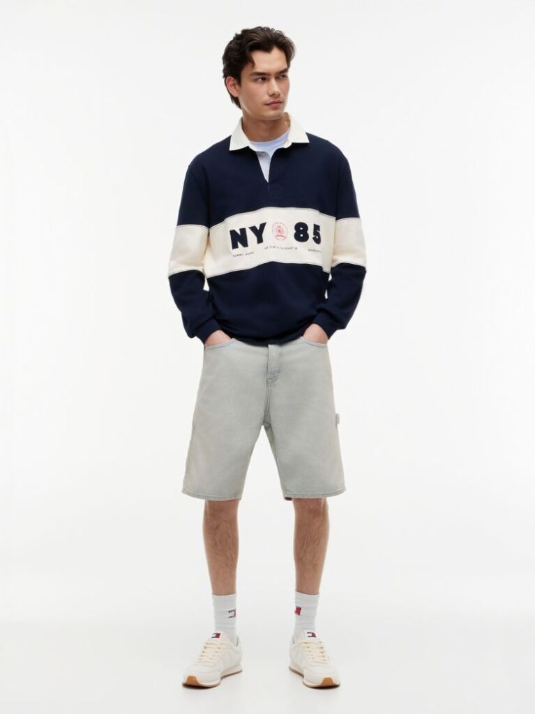Blue Relaxed Fit Logo Panel Rugby Shirt  Men