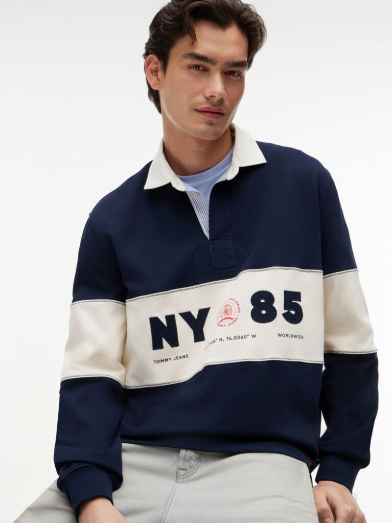Blue Relaxed Fit Logo Panel Rugby Shirt  Men