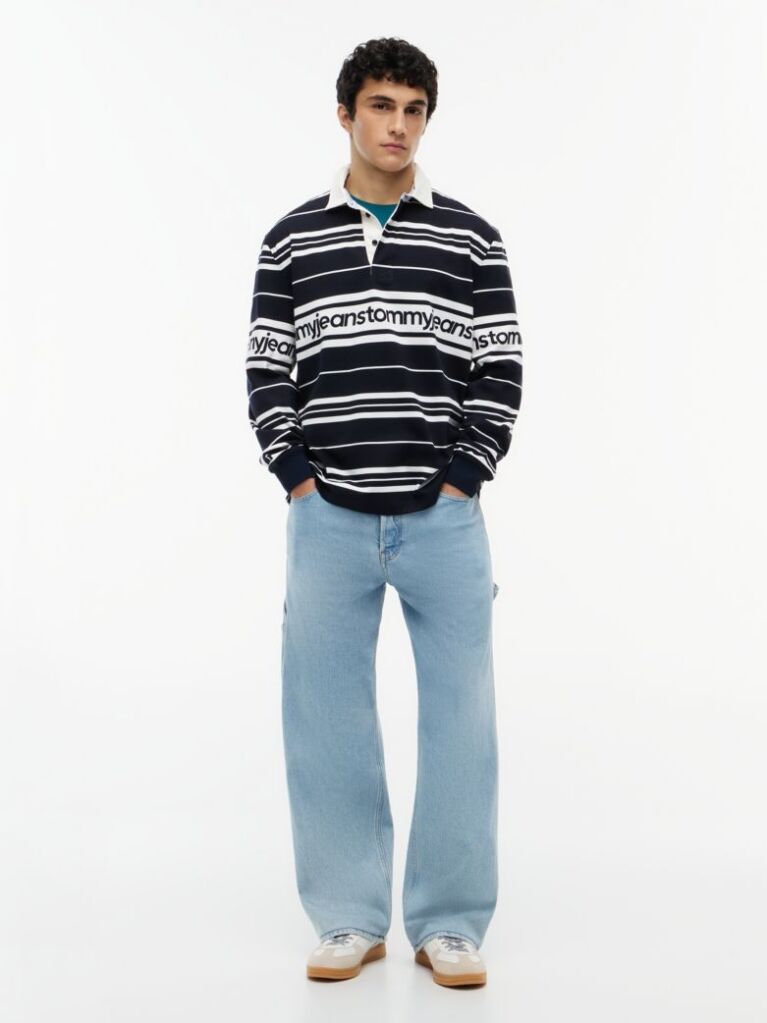 Blue Relaxed Fit Logo Stripe Rugby Shirt  Men
