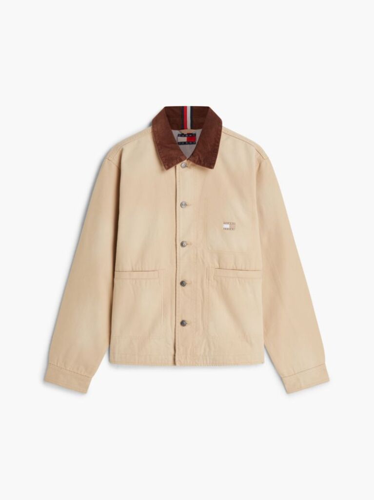 Beige Contrast Collar Canvas Chore Jacket  Men
