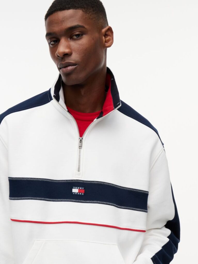White Colour-Blocked Quarter-Zip Relaxed Sweatshirt  Men