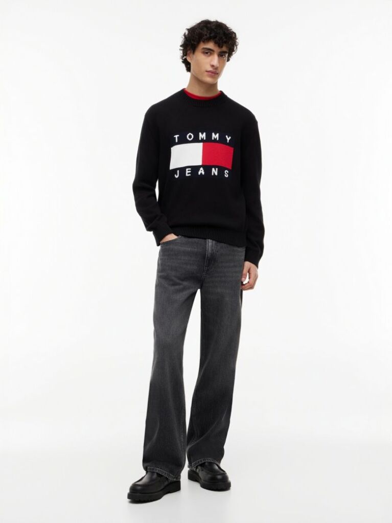 Black Regular Flag Crew Neck Sweater  Men