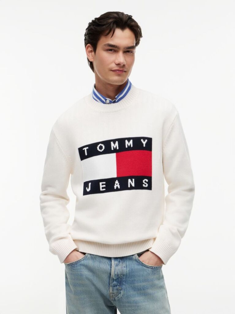 White Regular Flag Crew Neck Sweater  Men