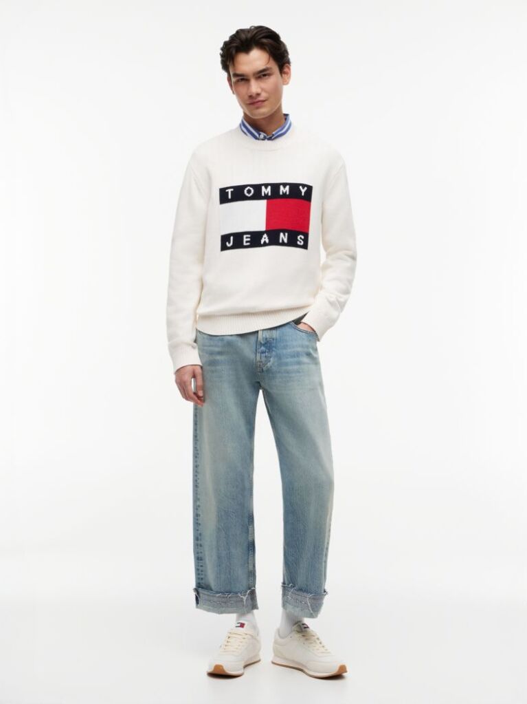 White Regular Flag Crew Neck Sweater  Men