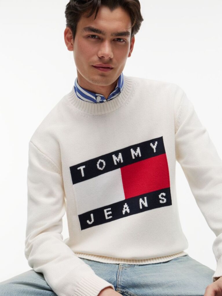 White Regular Flag Crew Neck Sweater  Men