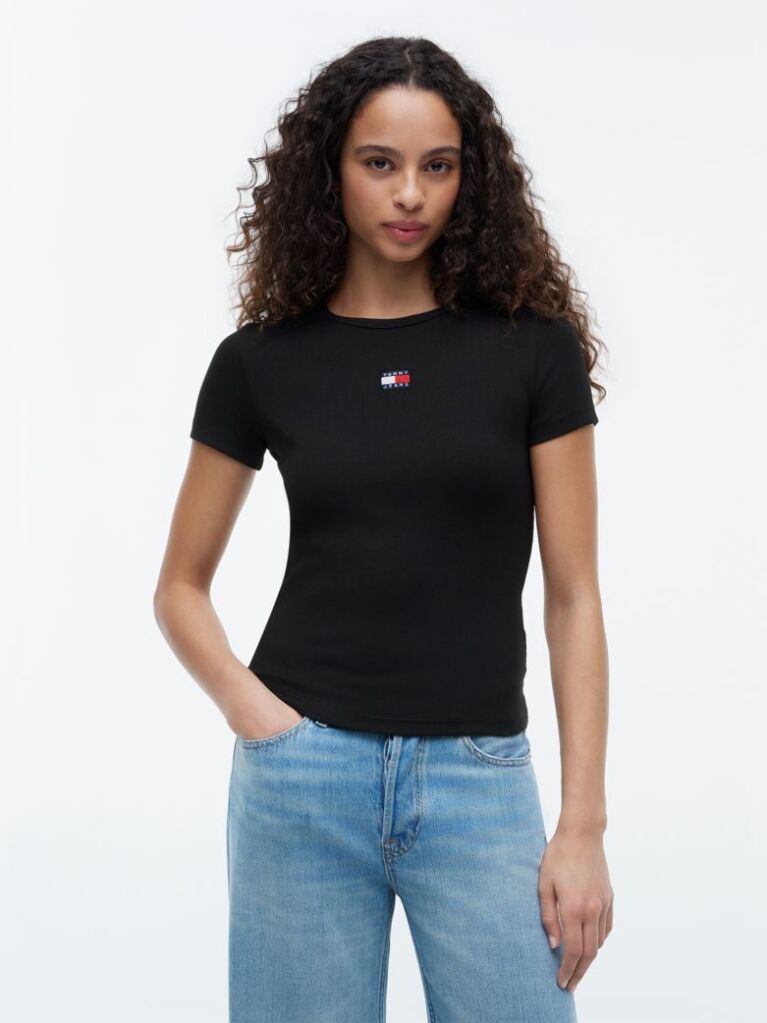 Μαύρο Κοντομάνικο T-Shirt Ριμπ Σε Slim Γραμμή  Γυναίκες