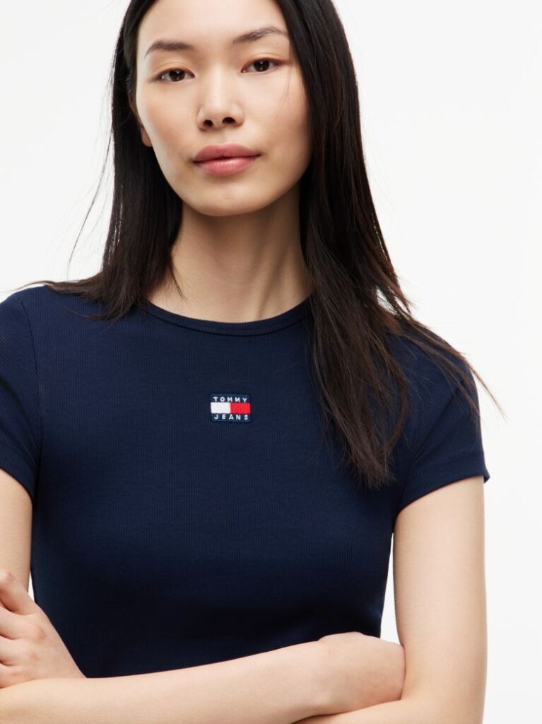 Μπλε Κοντομάνικο T-Shirt Ριμπ Σε Slim Γραμμή  Γυναίκες