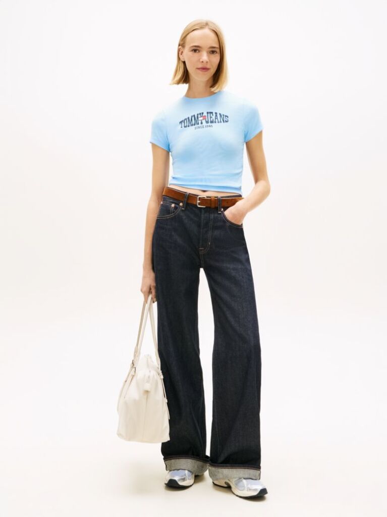 Μπλε T-Shirt Ribbed Σε Στενή Γραμμή Με Σημαία  Γυναίκες