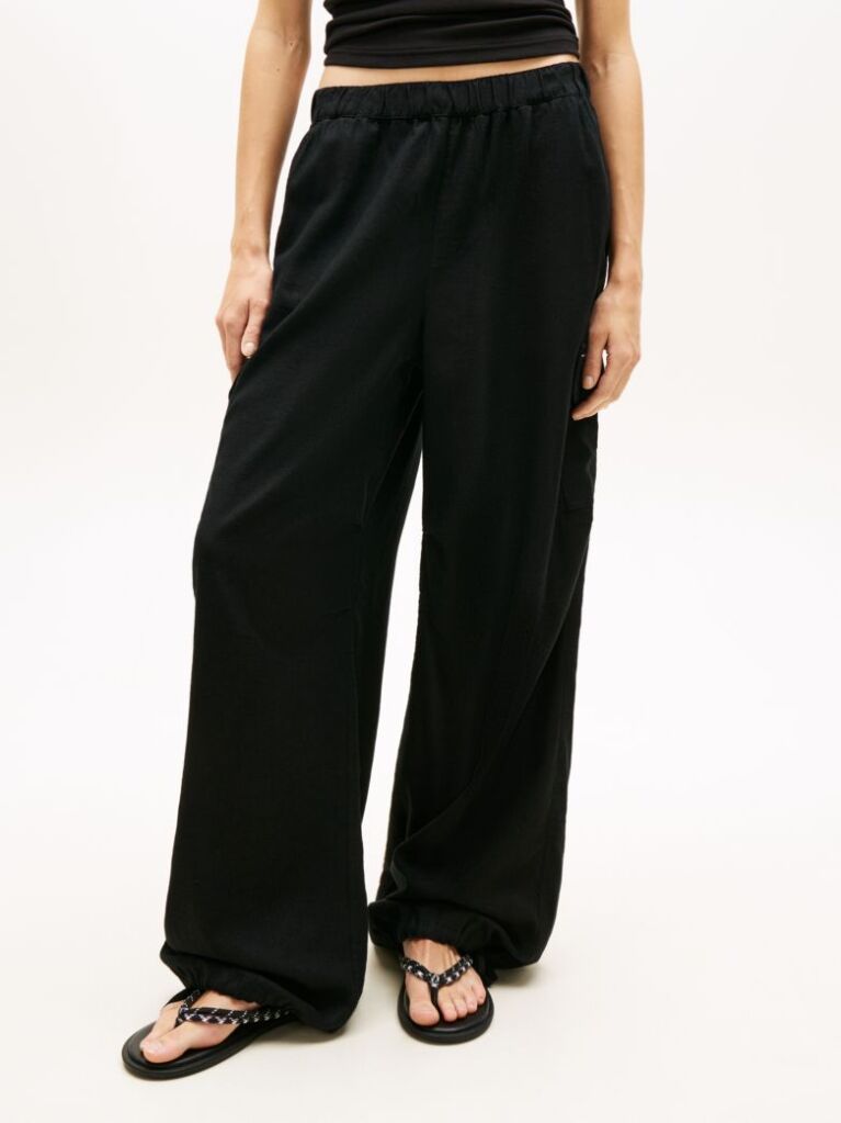Black Linen Blend Wide Leg Cargo Trousers  Women