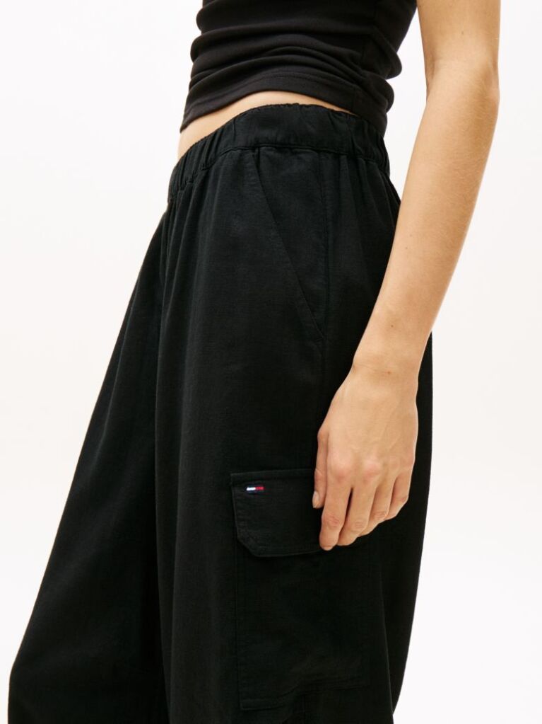 Black Linen Blend Wide Leg Cargo Trousers  Women