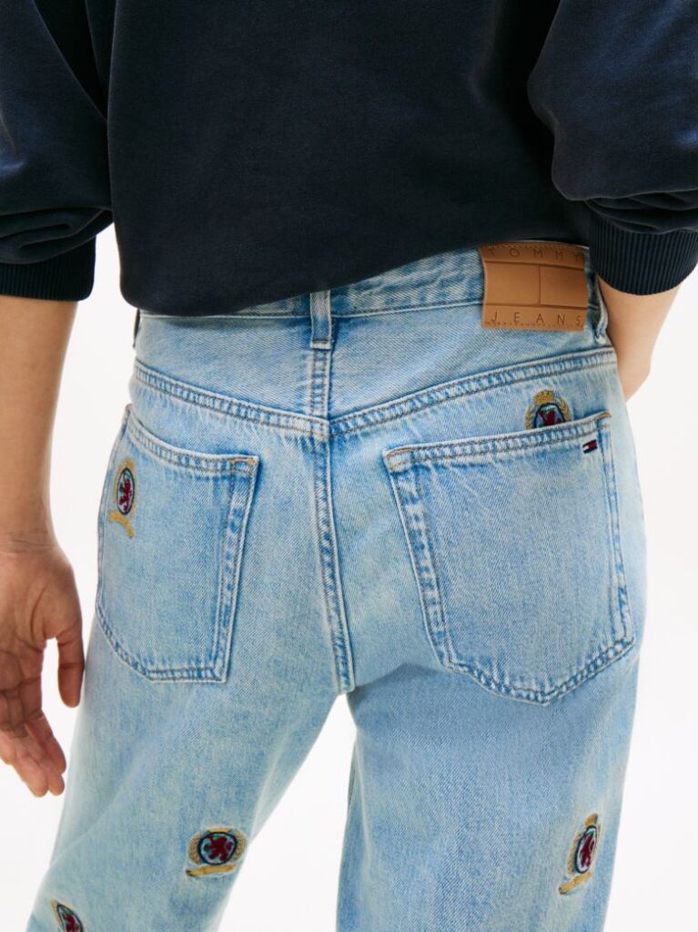 Denim Embroidery Mid Rise Slim Straight Leg Jeans  Women