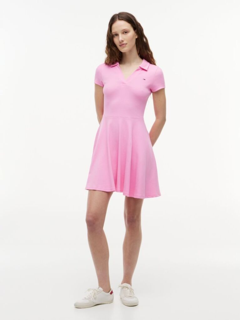 Pink Ribbed Fit And Flare Mini Polo Dress  Women