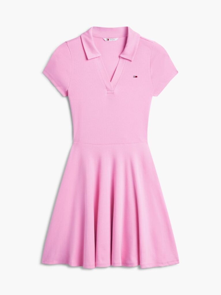 Pink Ribbed Fit And Flare Mini Polo Dress  Women