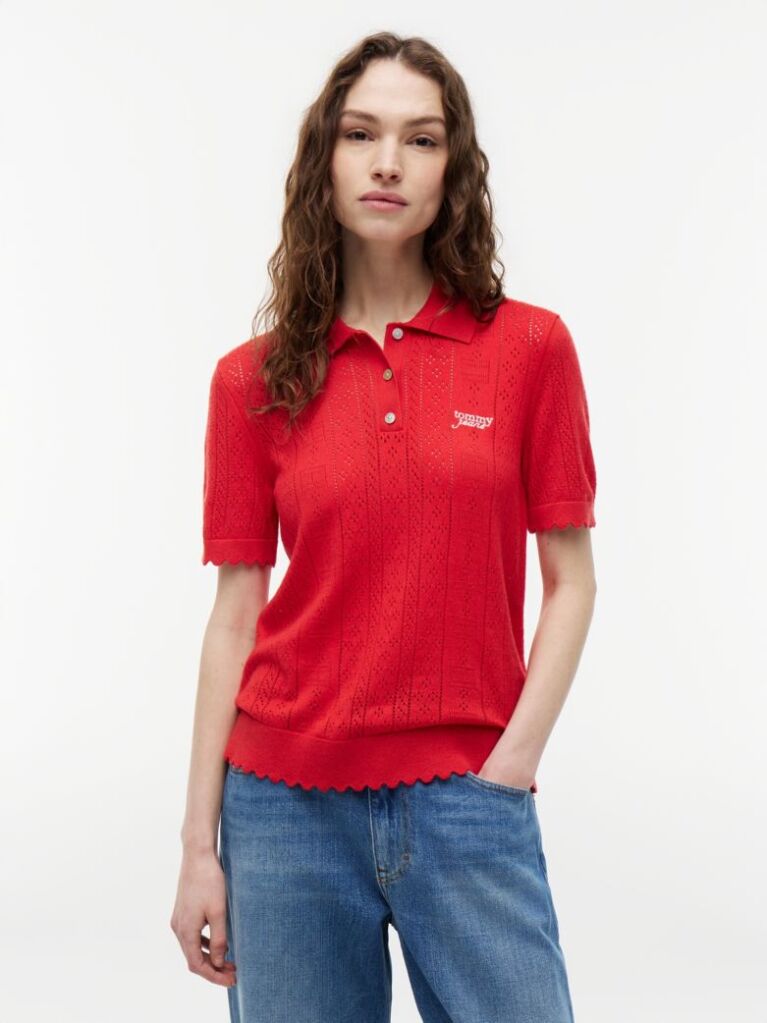 Red Pointelle Flag Short Sleeve Polo Jumper  Women