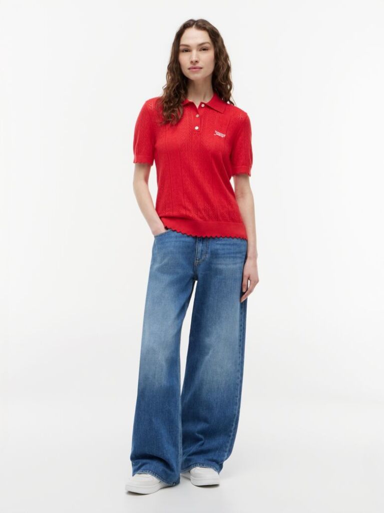 Red Pointelle Flag Short Sleeve Polo Jumper  Women