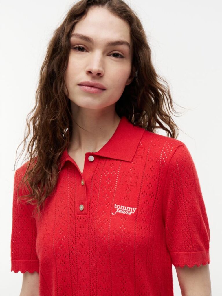 Red Pointelle Flag Short Sleeve Polo Jumper  Women