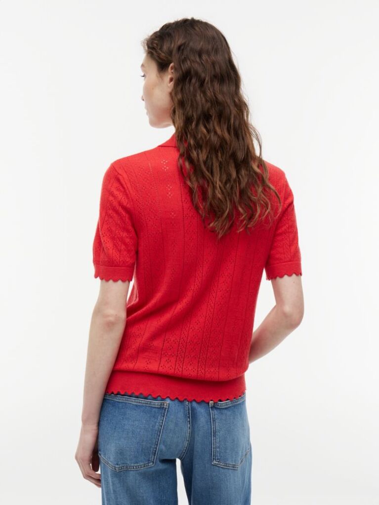 Red Pointelle Flag Short Sleeve Polo Jumper  Women