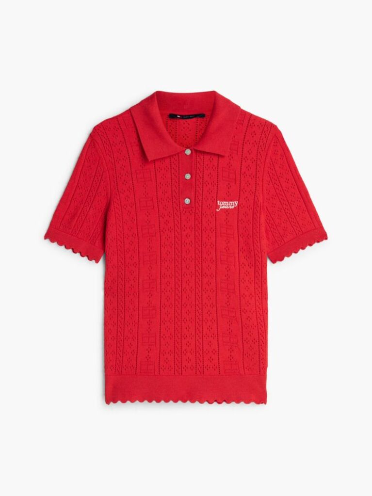 Red Pointelle Flag Short Sleeve Polo Jumper  Women