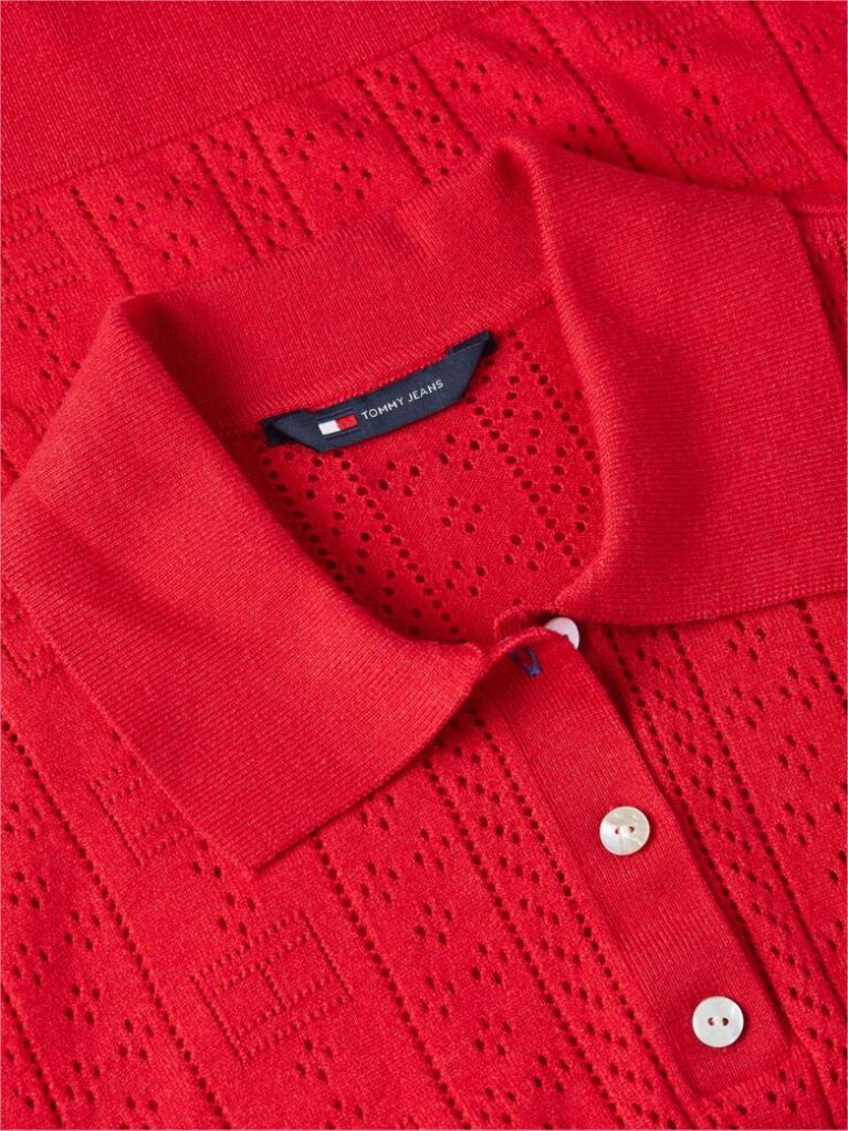 Red Pointelle Flag Short Sleeve Polo Jumper  Women