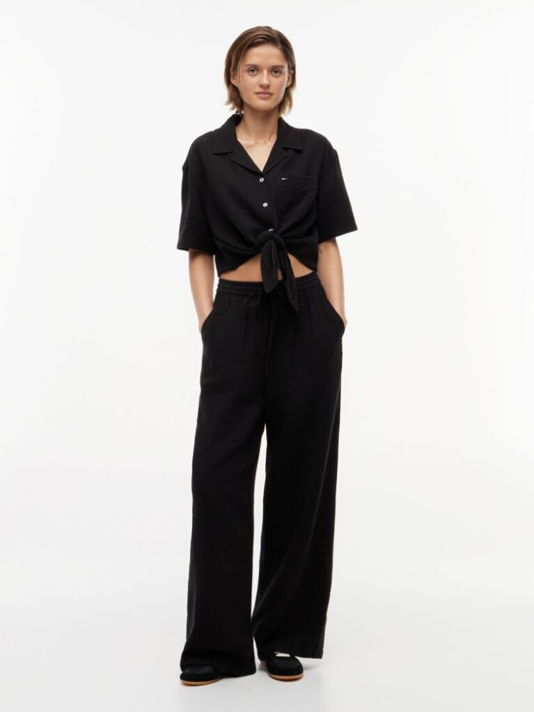 Black Crinkle Textured Loose Trousers  Women
