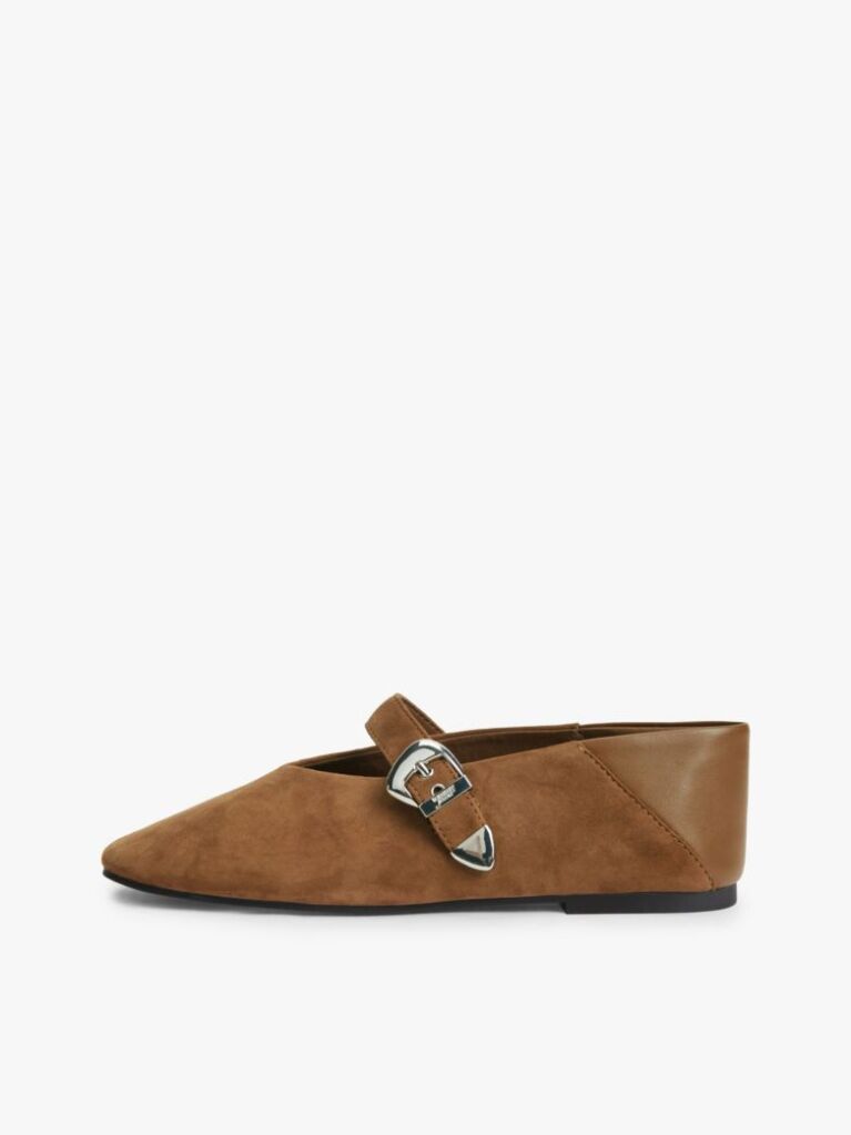 Brown Suede Buckle Square Toe Ballerinas  Women