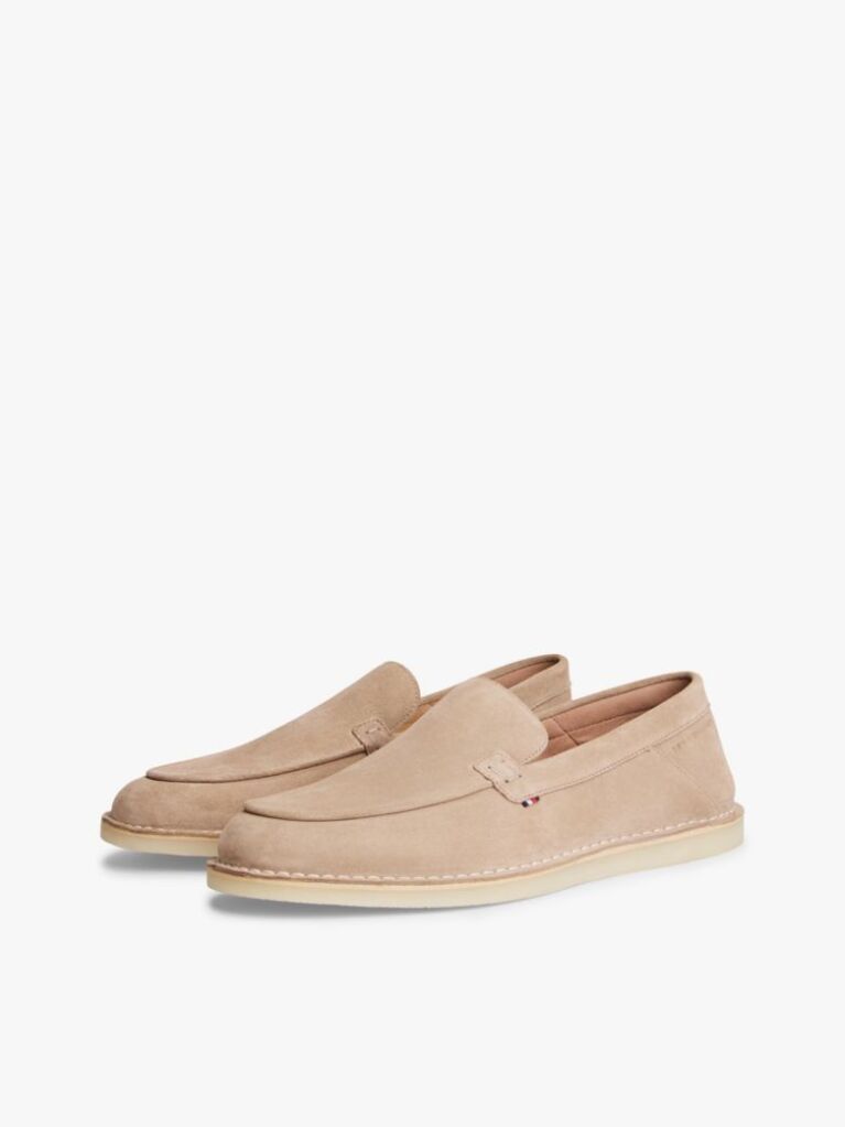 Beige Debossed Logo Topstitch Suede Loafers  Men
