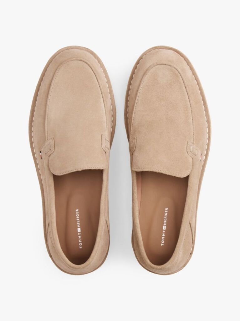 Beige Debossed Logo Topstitch Suede Loafers  Men