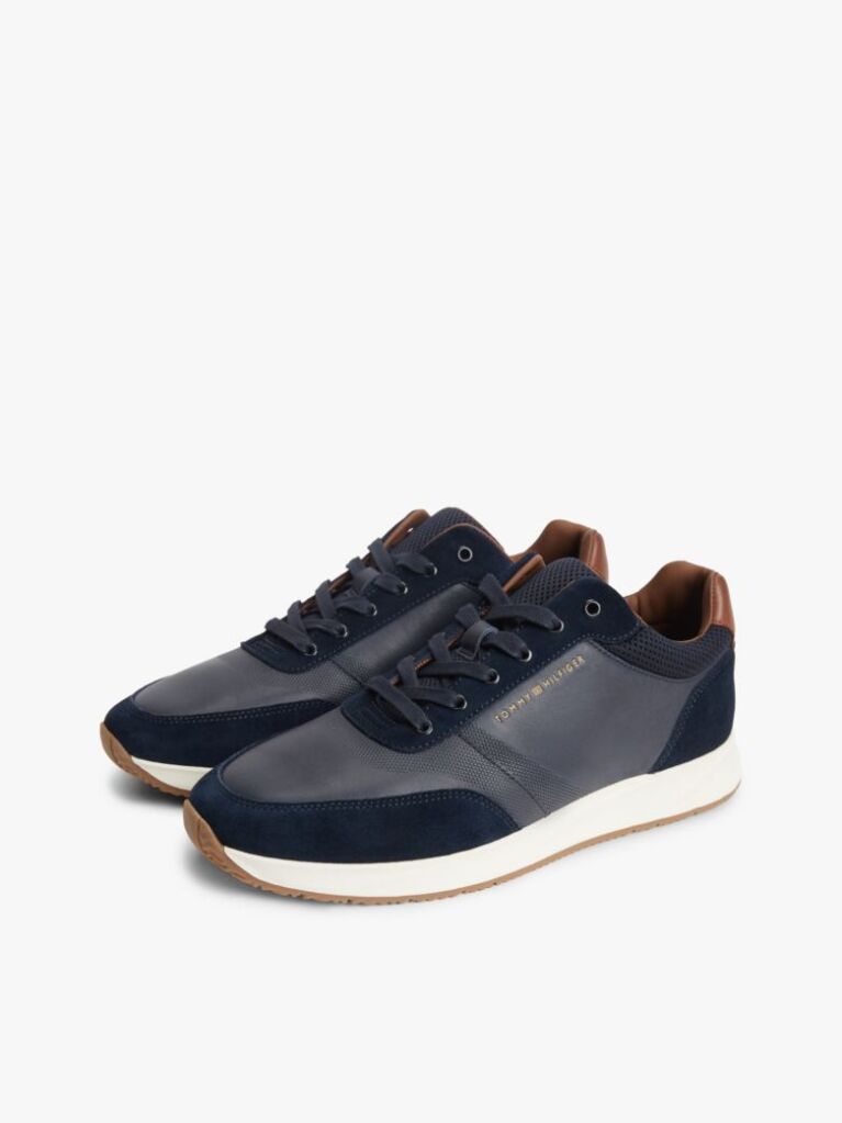 Blue Suede Mixed Texture Trainers  Men