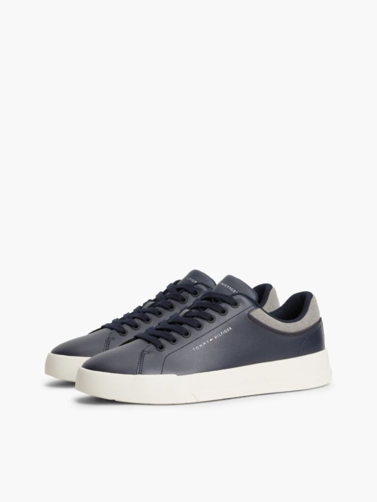 Blue Mixed Texture Court Sneakers With Leather  Men