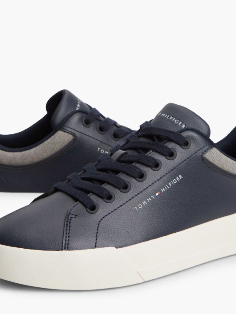Blue Mixed Texture Court Sneakers With Leather  Men