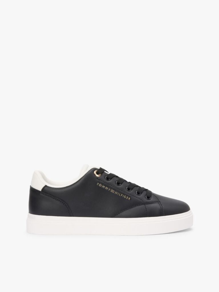 Black Leather Metallic Logo Cupsole Trainers  Women